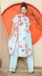 KANZI COLLECTION | Blue Oriental Floral Cheongsam Pant Set