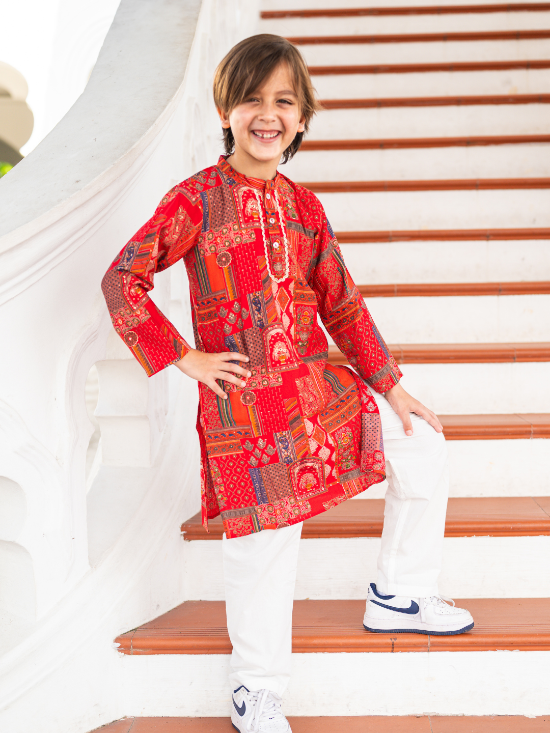 NIMBU | Amara Red Floral Boys Kurta Pajama in Muslin Cotton with Pockets
