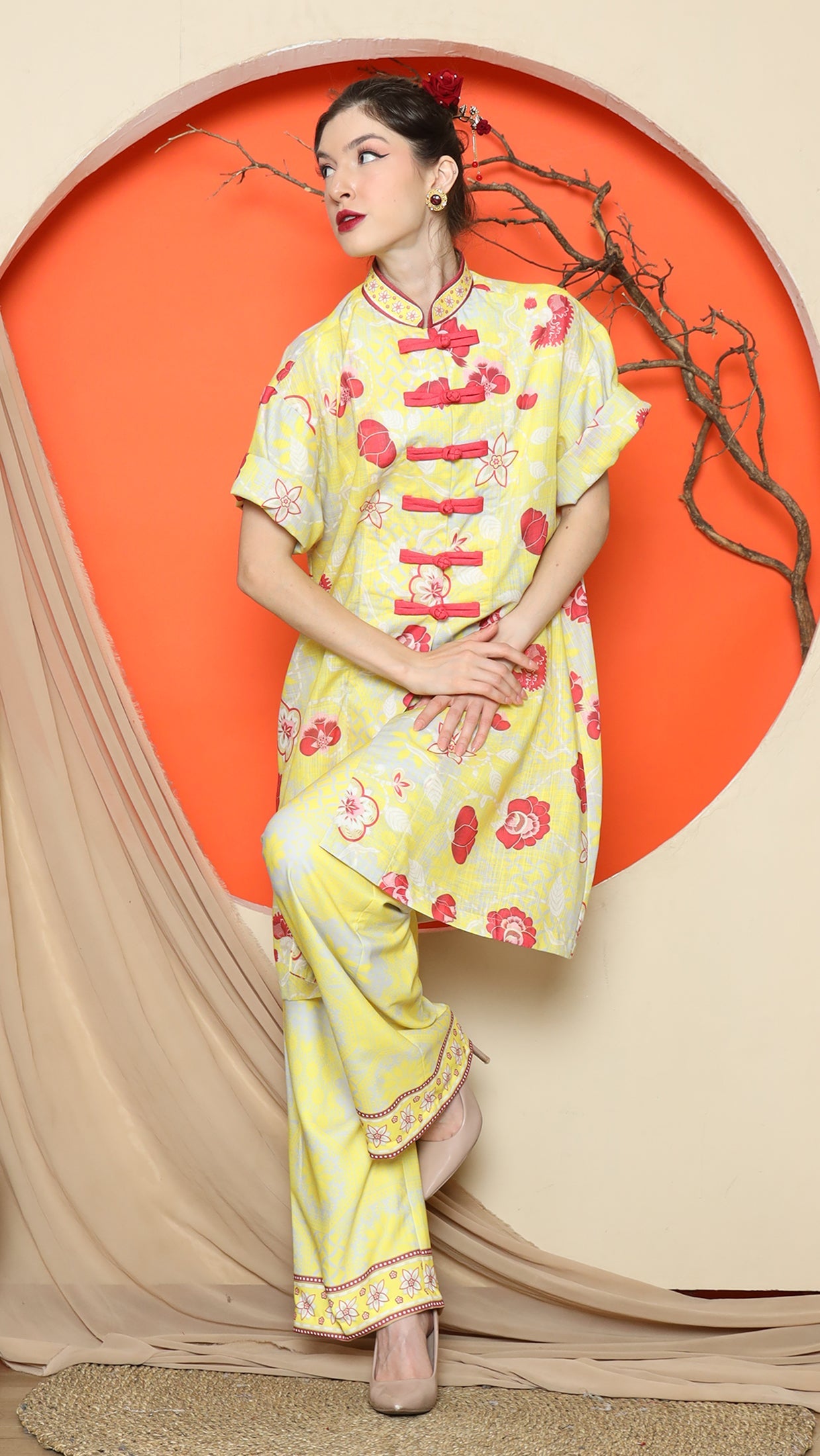 KANZI COLLECTION | Yellow Floral Cheongsam Pant Set