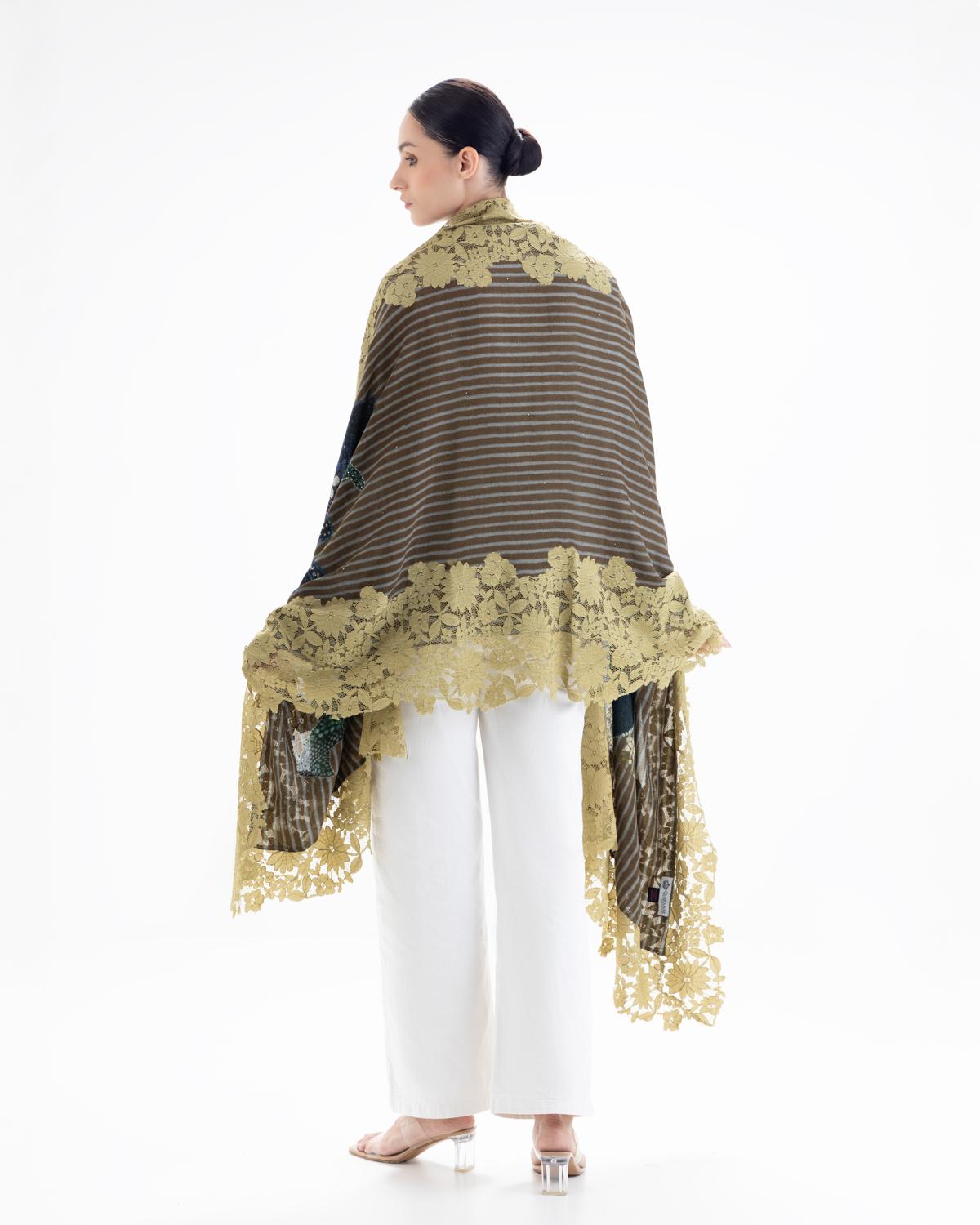 QUEENMARK | AN Assorted Lace Print Crystal Shawl Olive Blue Bird