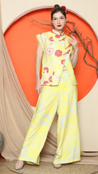 KANZI COLLECTION | Yellow Cheongsam Floral Vest With Wide Leg Pant Set