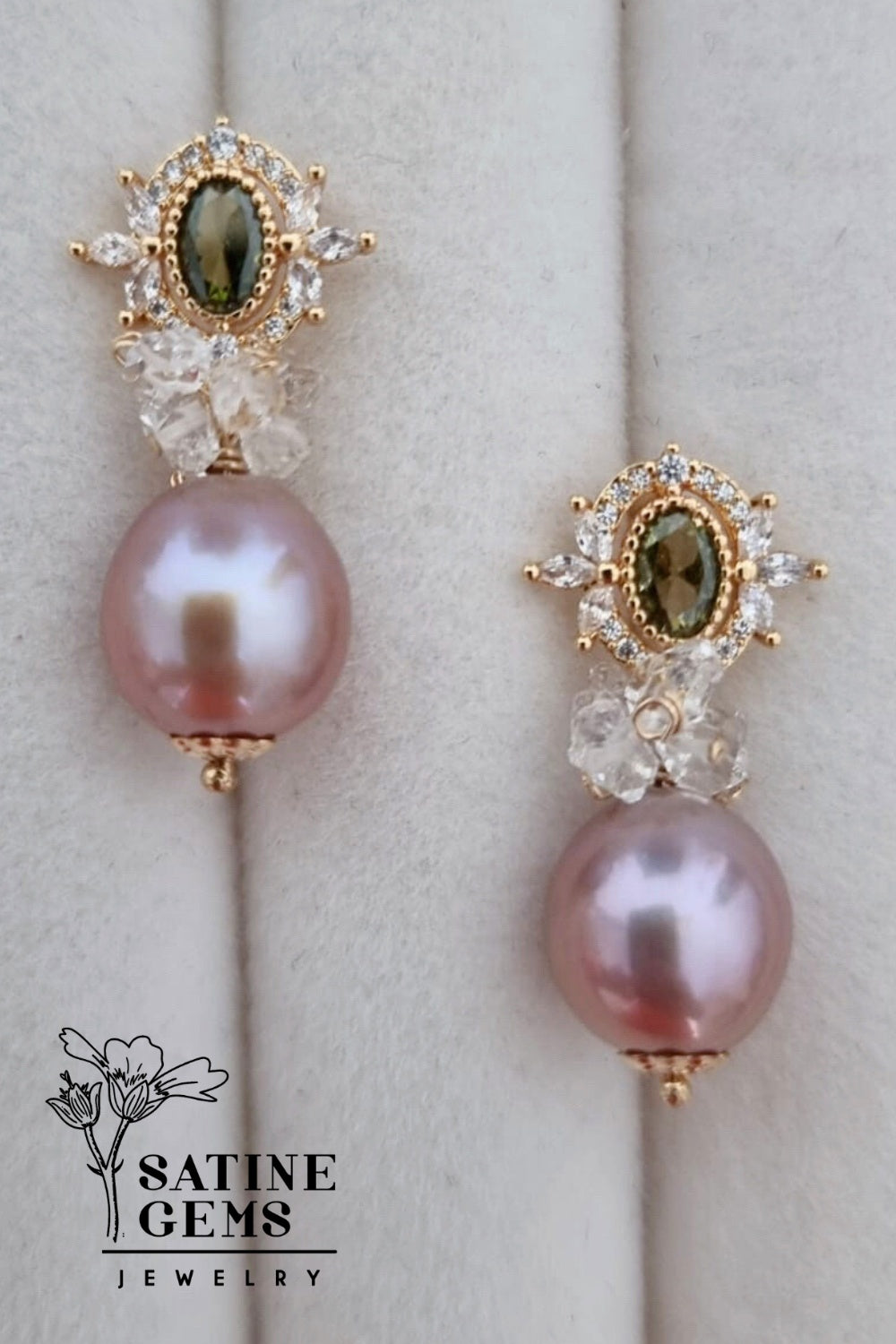 CREATIVE JEWELLERY STUDIO | Baroque Edison Pearl & Herkimer Diamond Ear Studs by Satine Gems Jewelry