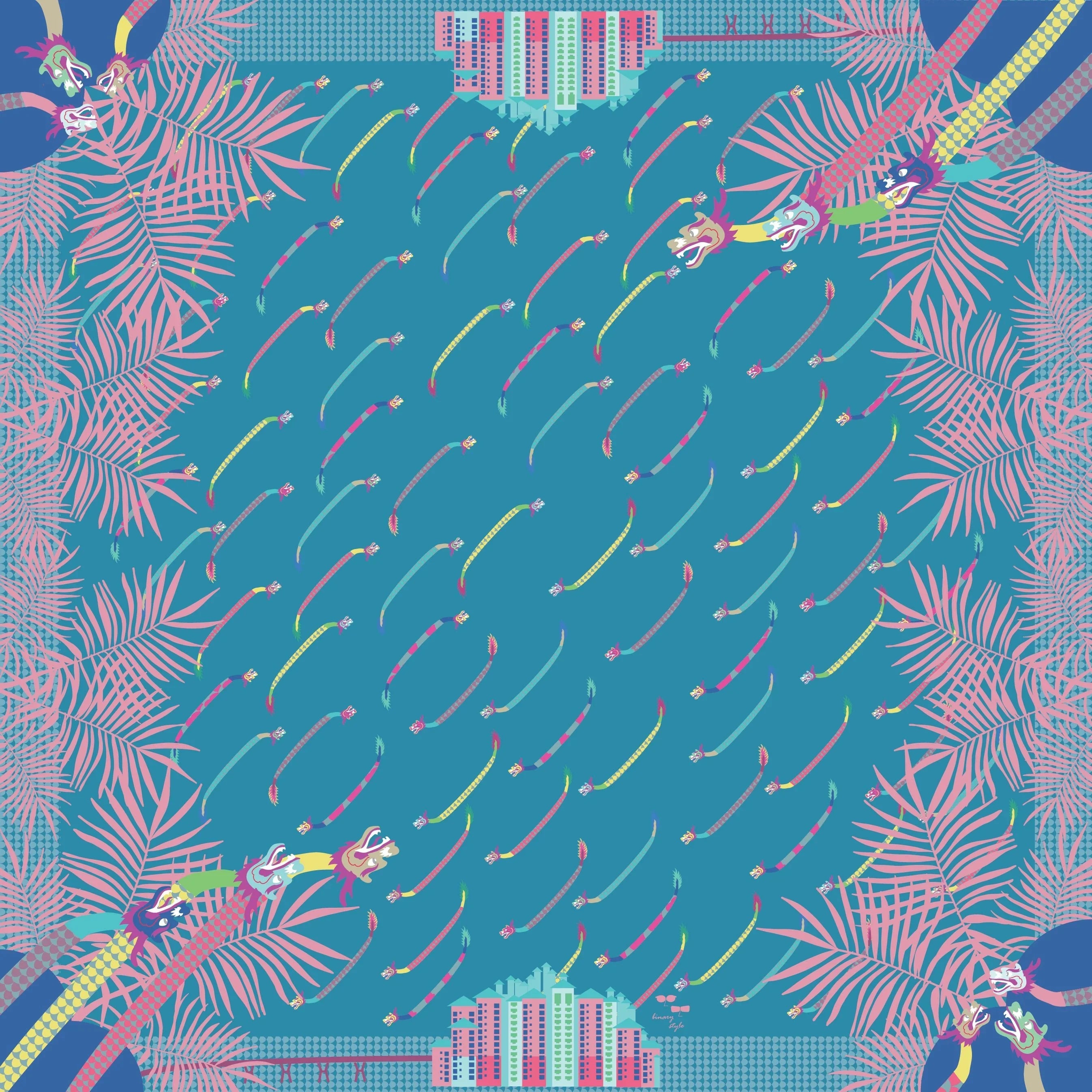 BINARY STYLE | Dragons On Singapore Water Silk Square Scarf 87X87 cm