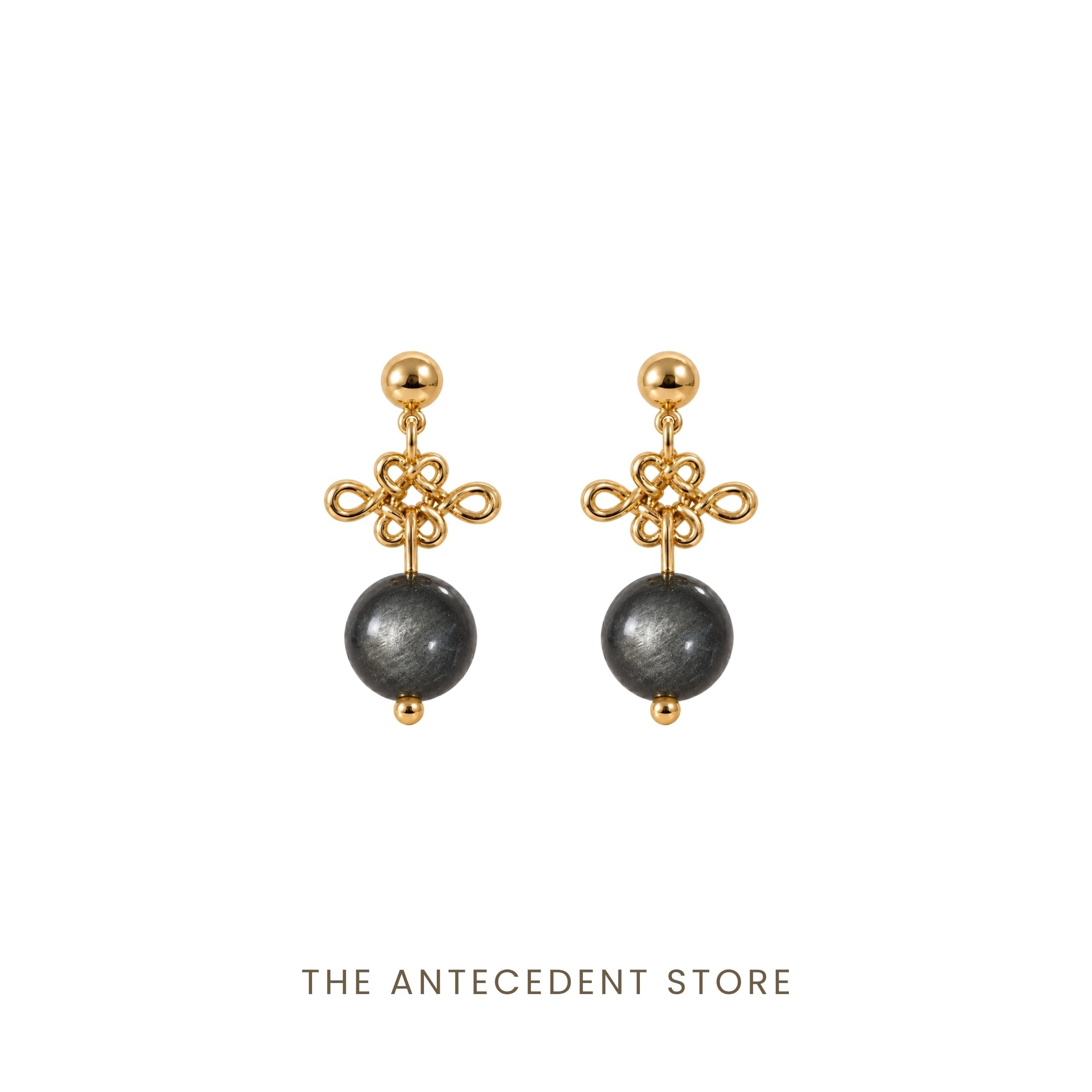 THE ANTECEDENT STORE | Ruyi Knots With Silver Obsidian Earrings