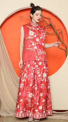 KANZI COLLECTION | Red Cheongsam Floral Vest With Floral Skirt