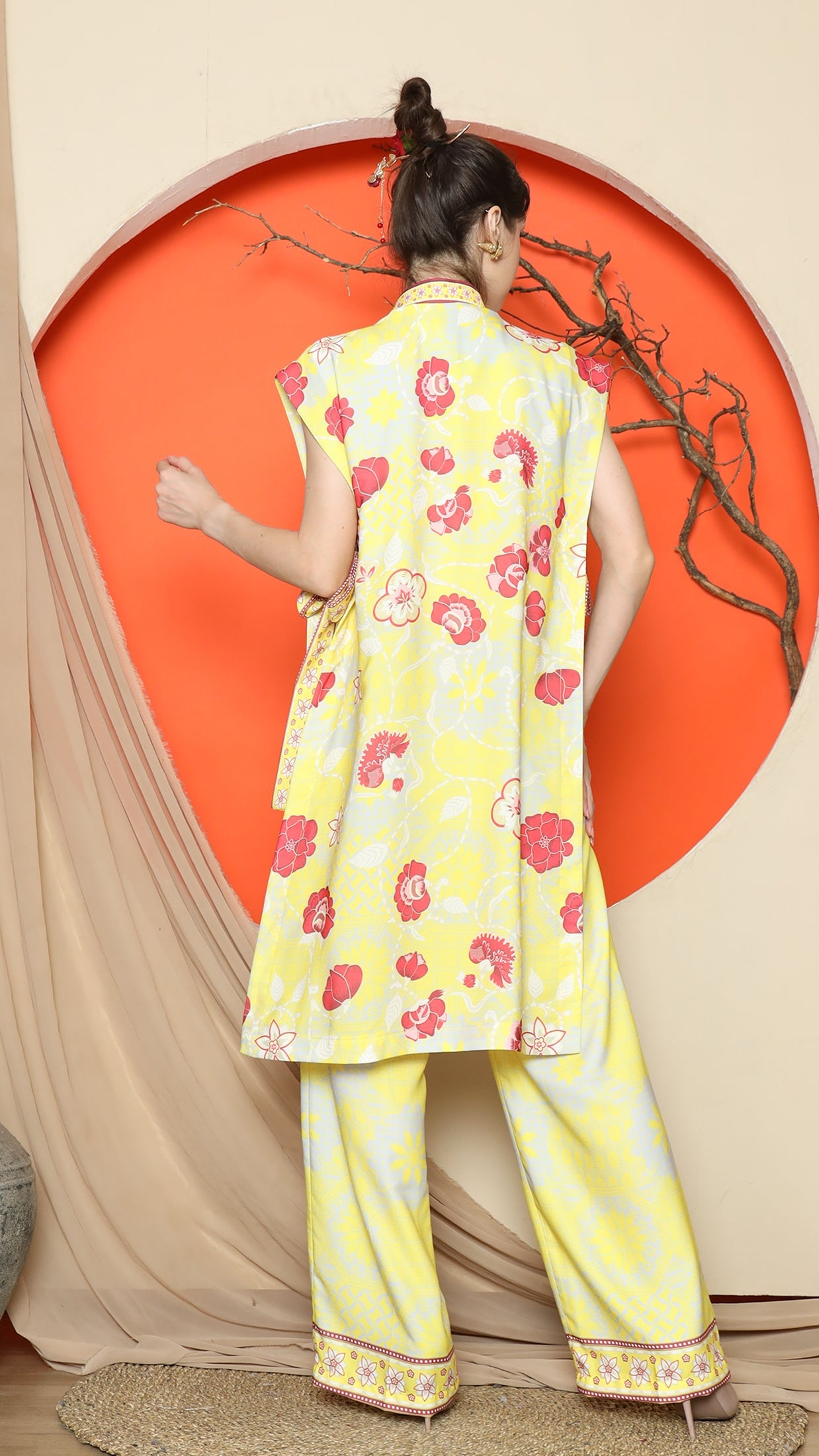 KANZI COLLECTION | Yellow Vest Kimono Jacquard Floral Pant Set