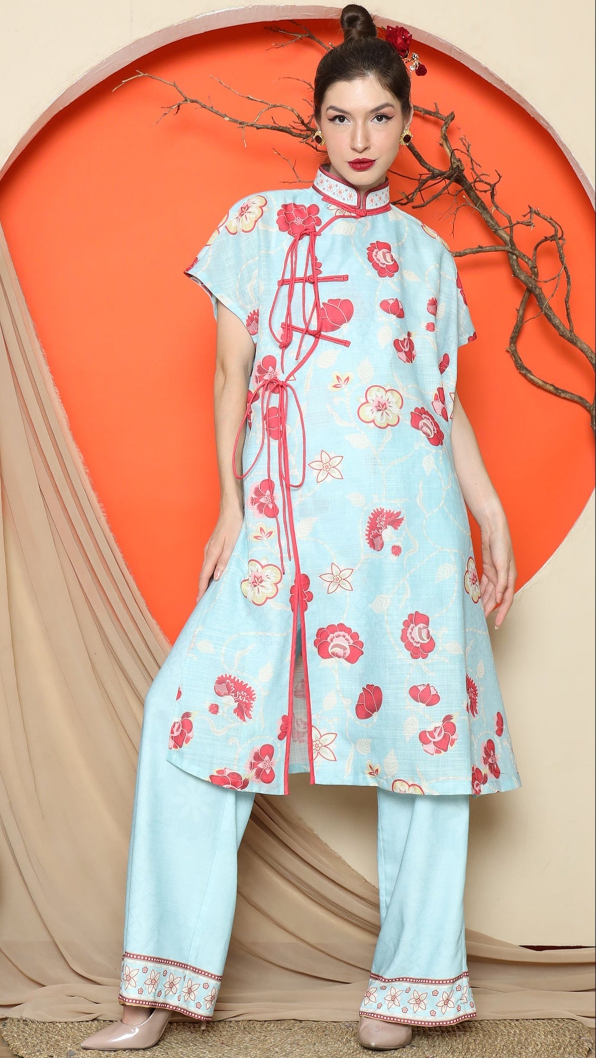 KANZI COLLECTION | Blue Oriental Floral Cheongsam Pant Set