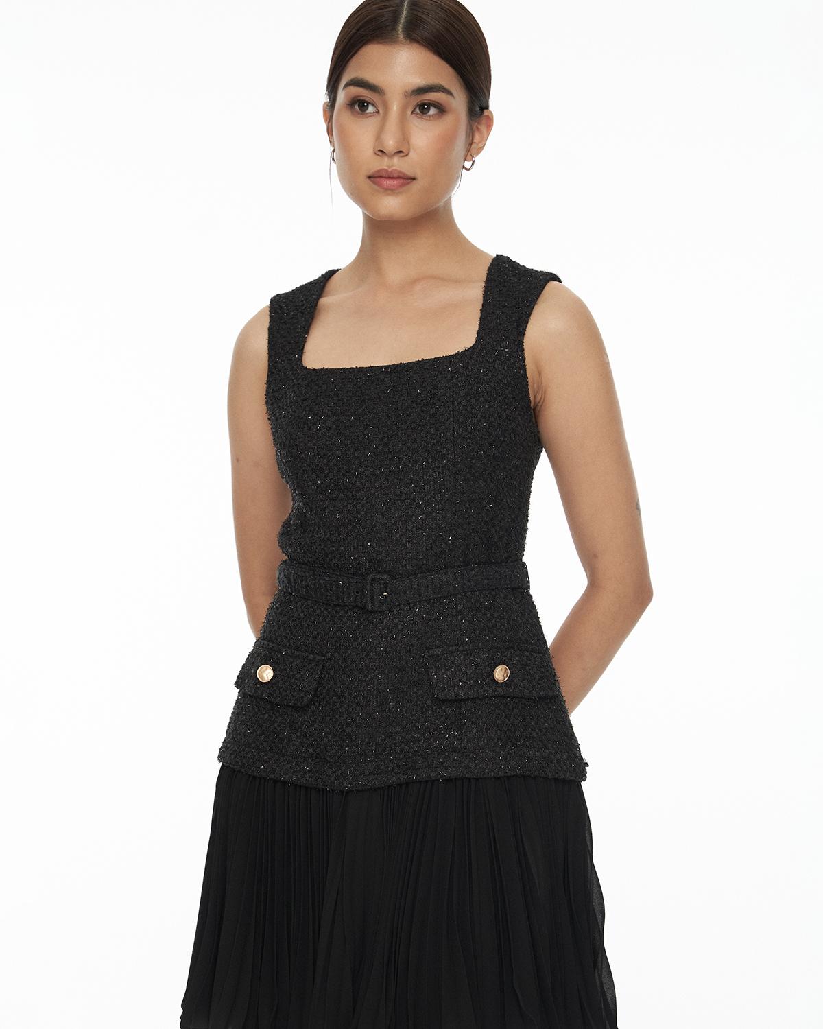 DRESSINGPAULA | Faux Two-Piece Pleated Skirt Tweed Dress