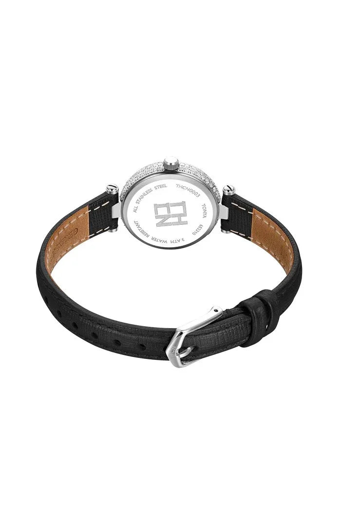 BLACK BY BLUE BRAVE | THCN T· I Mother-of-Pearl Dial Black Leather Strap Watch | Silver