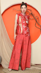 KANZI COLLECTION | Red Cheongsam Floral Vest With Floral Pants Set