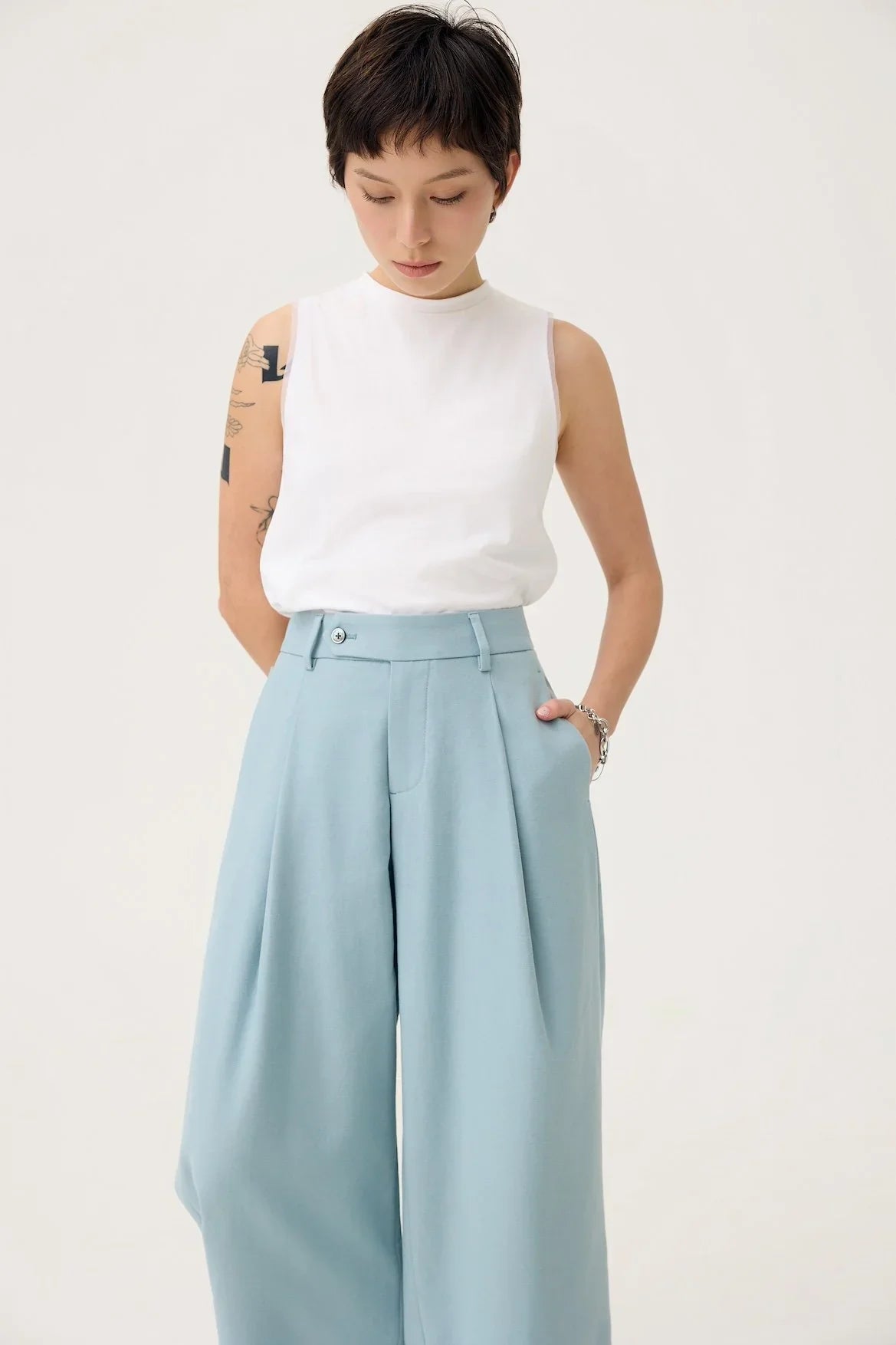 3EIGHTH | Nagare Pleat Trousers in Steel Blue