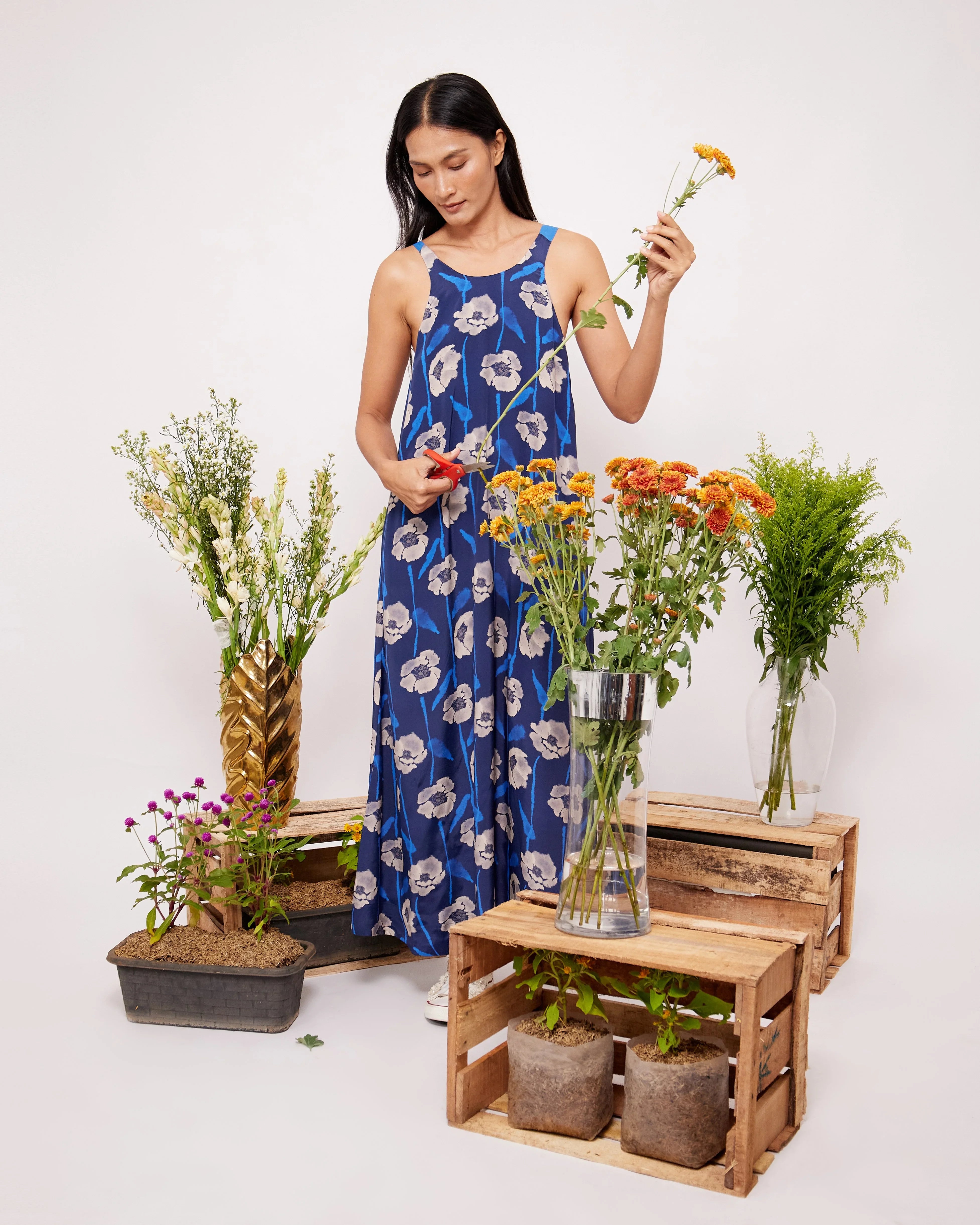 STUDIO QILING | Dancing Poppies Moonlight Reversible Silk Blend Maxi Dress