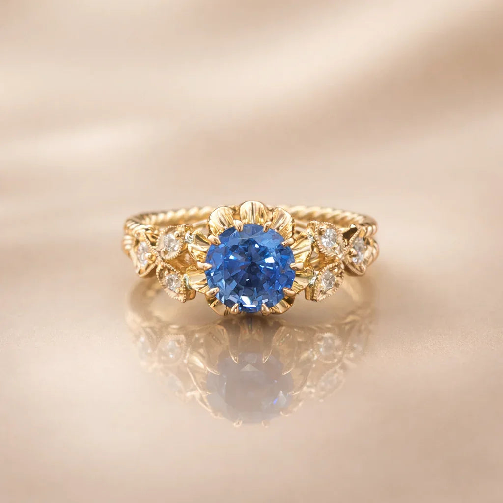 FOUNDATION JEWELLERS | 750 Y/G Peranakan Natural Diamond Ring With 'Flower' 3.41gm, D6-0.12ct, B. Sap 1 - 1.32ct
