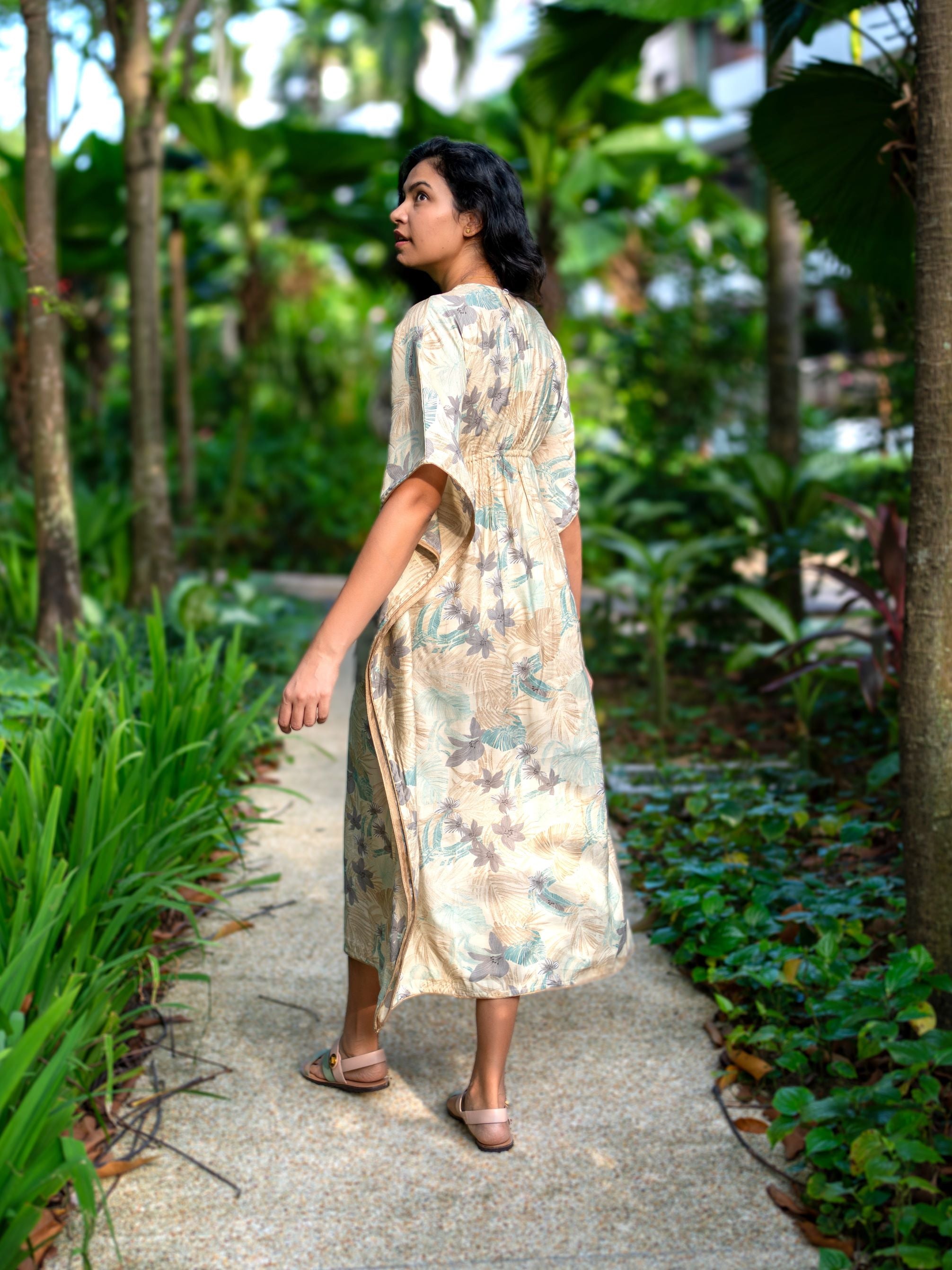 NIMBU | Arya Women's Long Kaftan Dress in Metallic Blue with Gold Accents