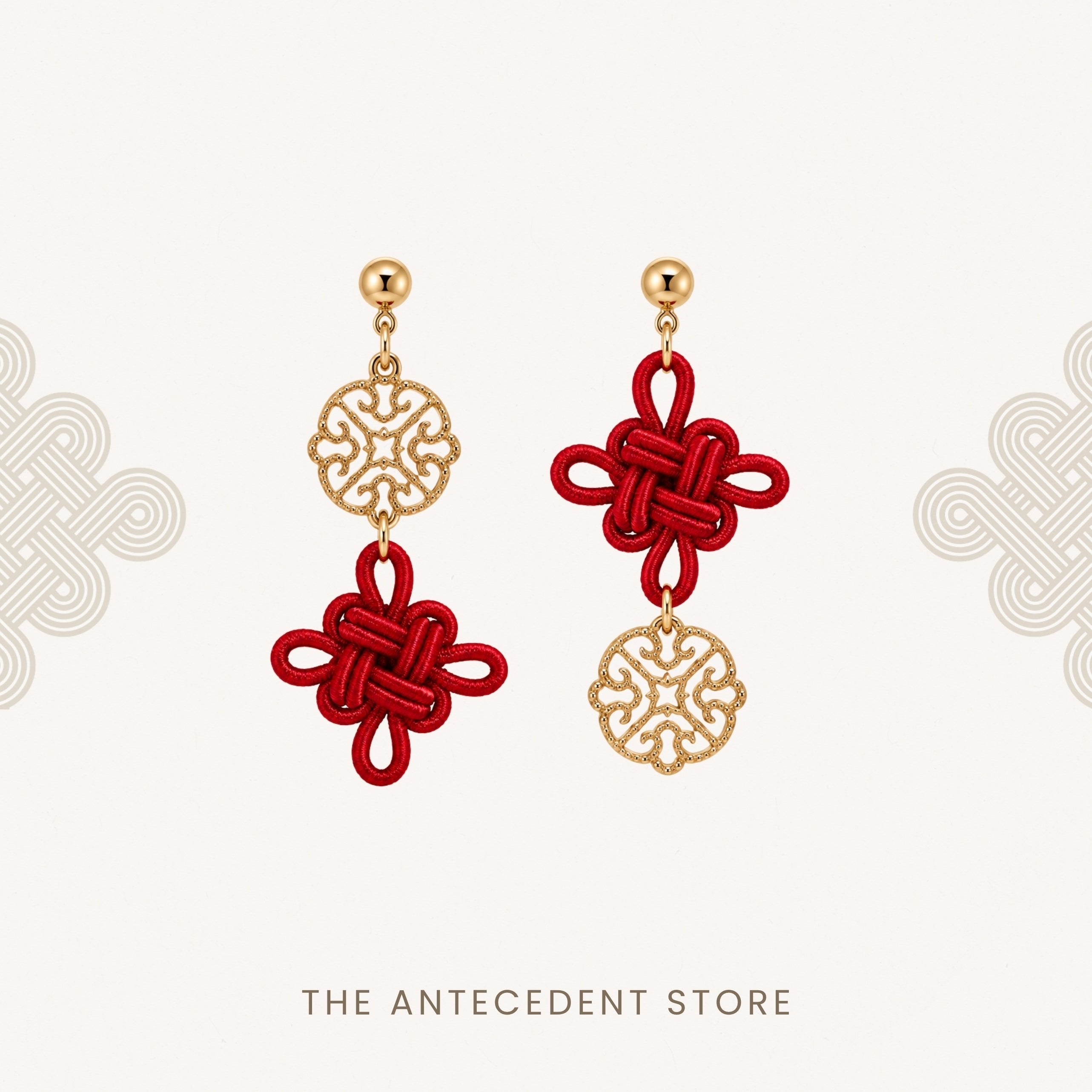 THE ANTECEDENT STORE | Asymmetrical Auspicious Knot Earrings in Bright Red