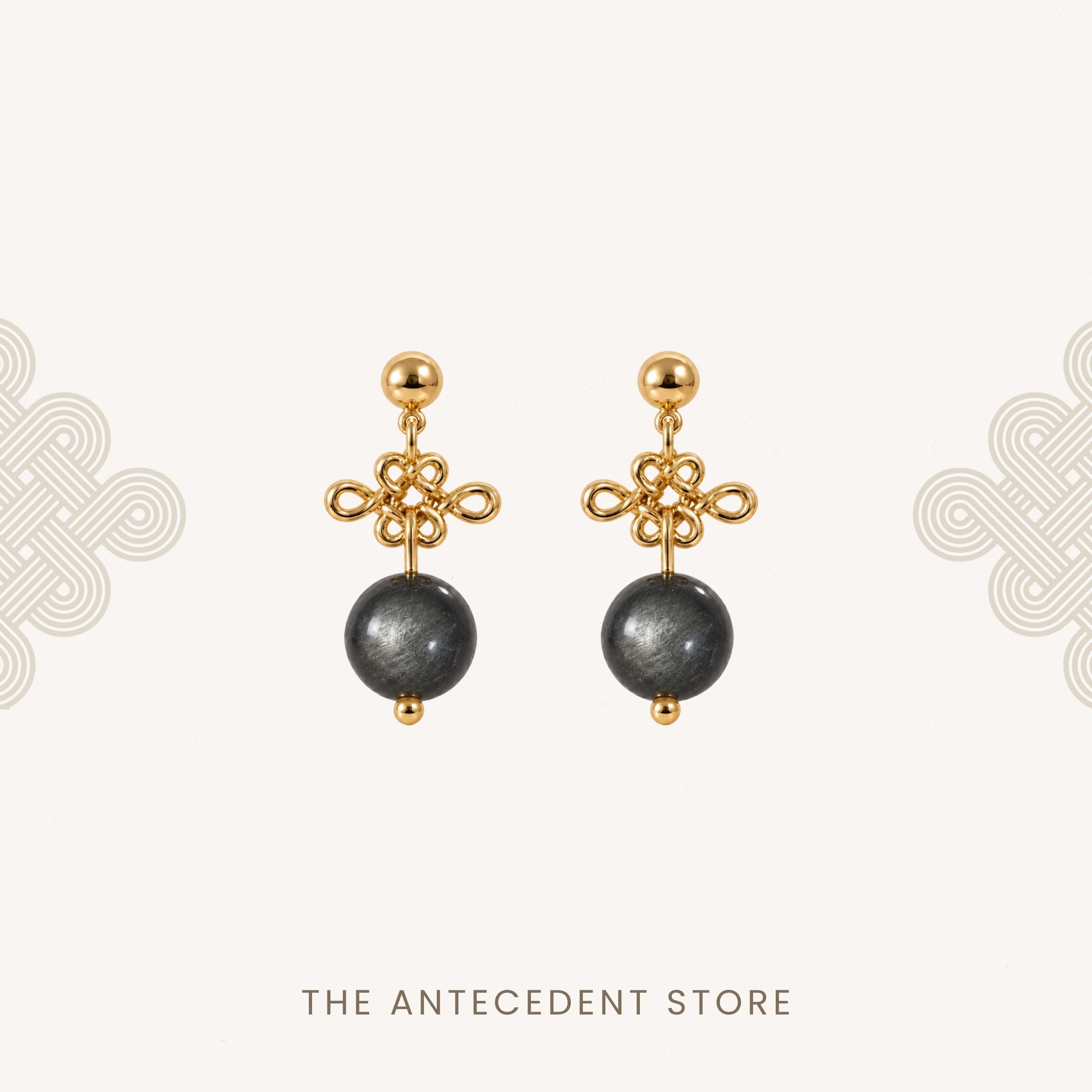 THE ANTECEDENT STORE | Ruyi Knots With Silver Obsidian Earrings