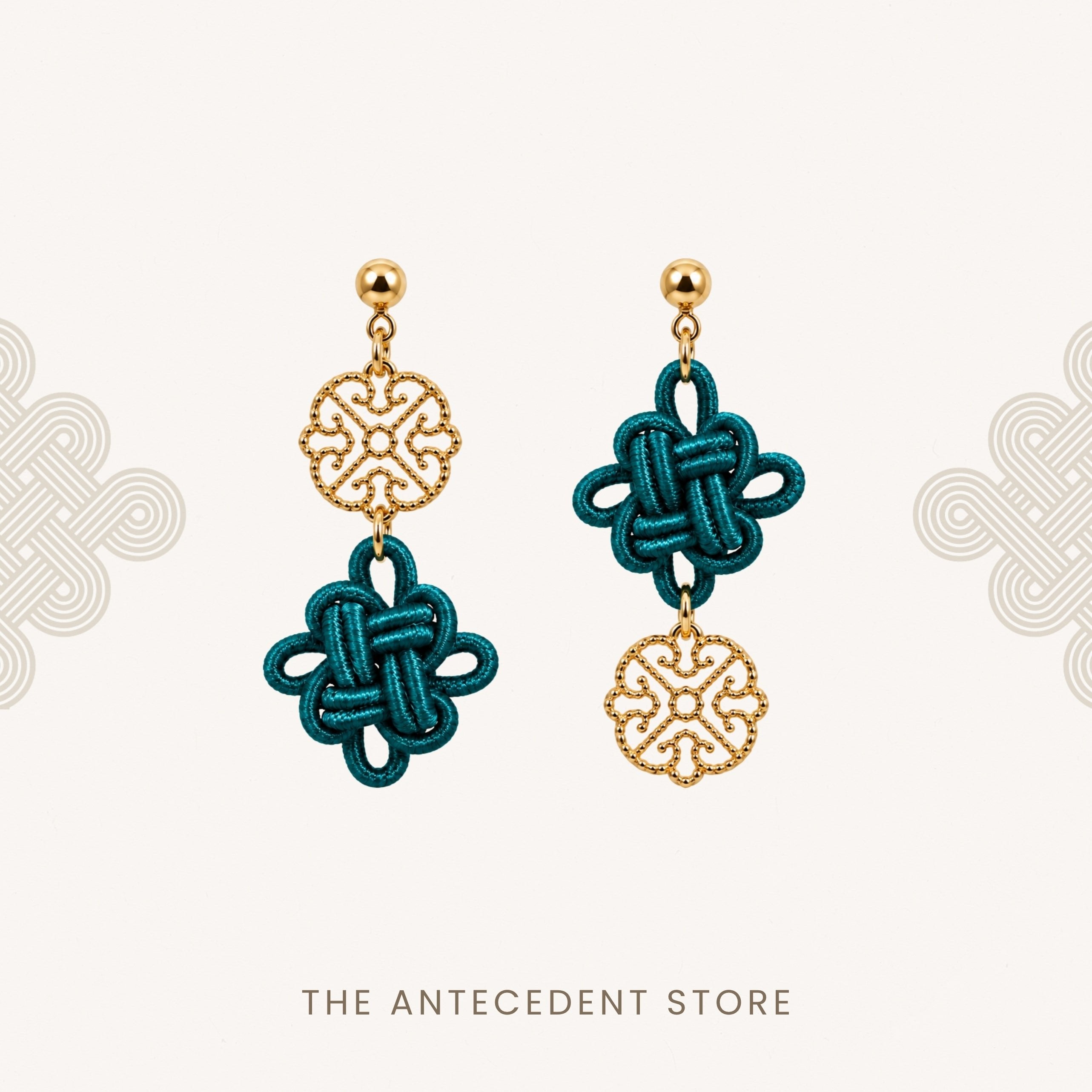 THE ANTECEDENT STORE | Asymmetrical Auspicious Knot Earrings in Deep Teal