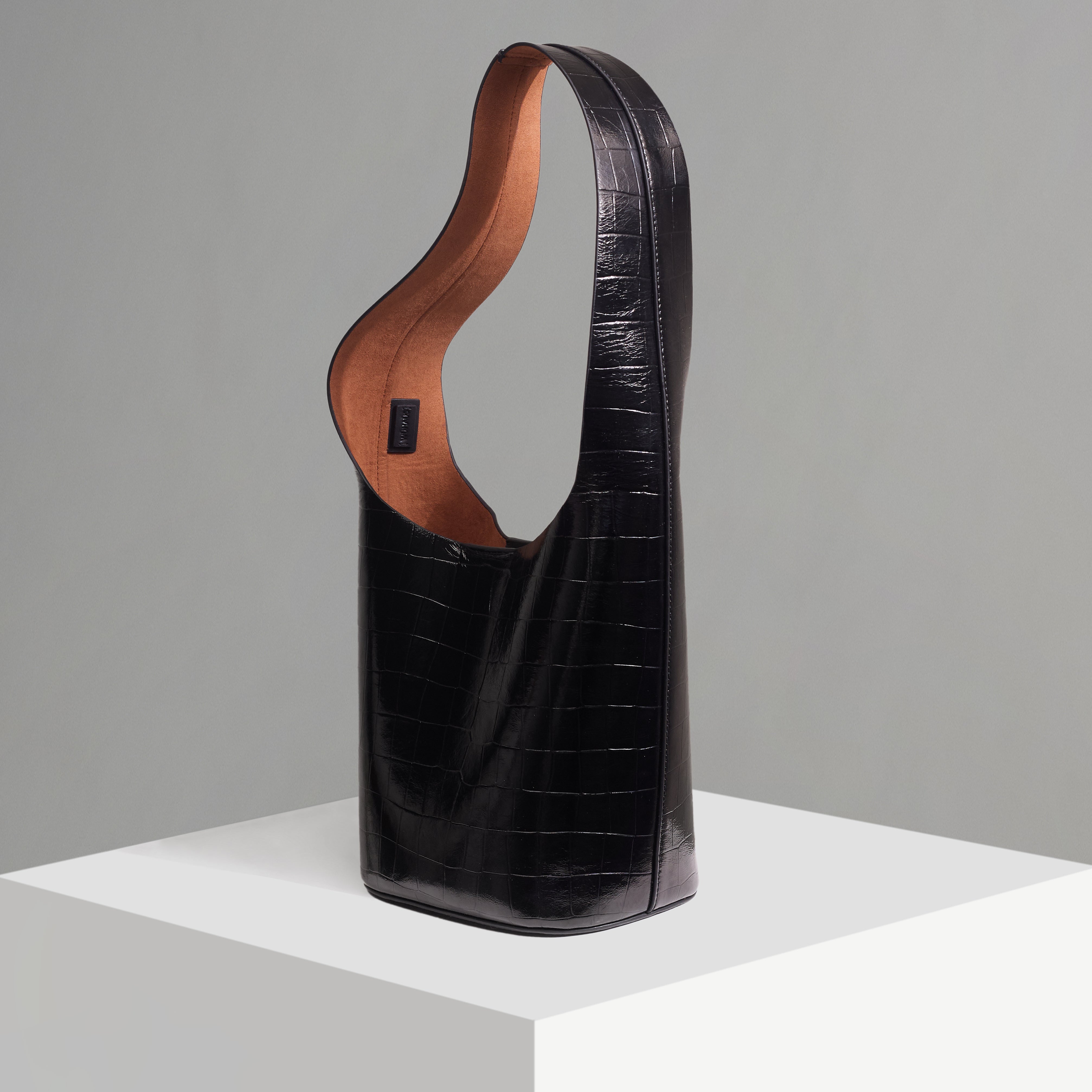 WU HAUS | Vessel Black Crocodile Cow Embossed Bucket Bag