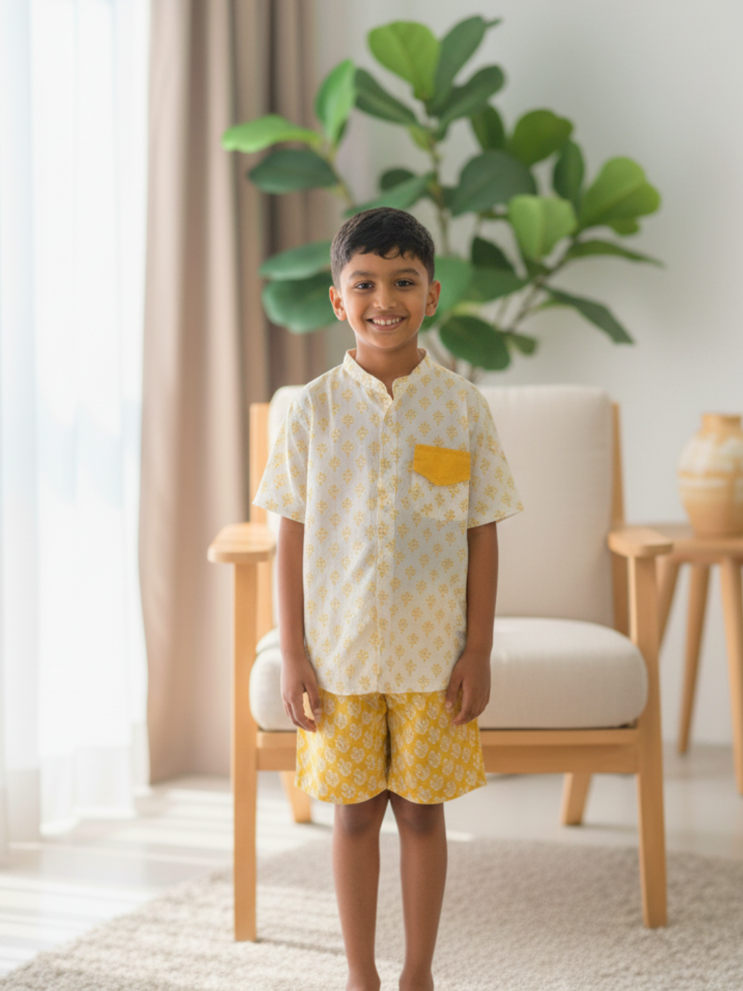 NIMBU | Soft Breeze Handblock Printed Unisex Cotton Shirt And Shorts Set