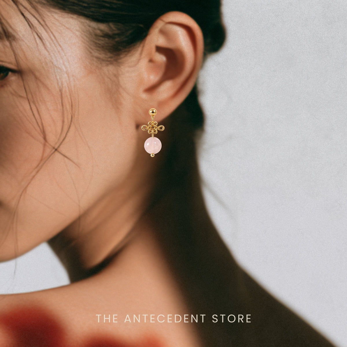THE ANTECEDENT STORE | Auspicious Ruyi Knot With Rose Quartz Earrings