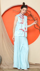 KANZI COLLECTION | Blue Cheongsam Floral Vest With Pant Set