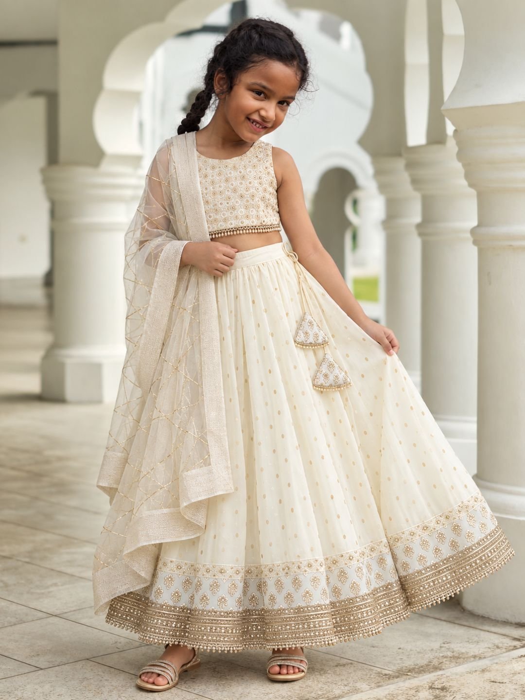 NIMBU | Zoya White & Gold Girls Sleeveless Lehenga Set with Dupatta in Cotton