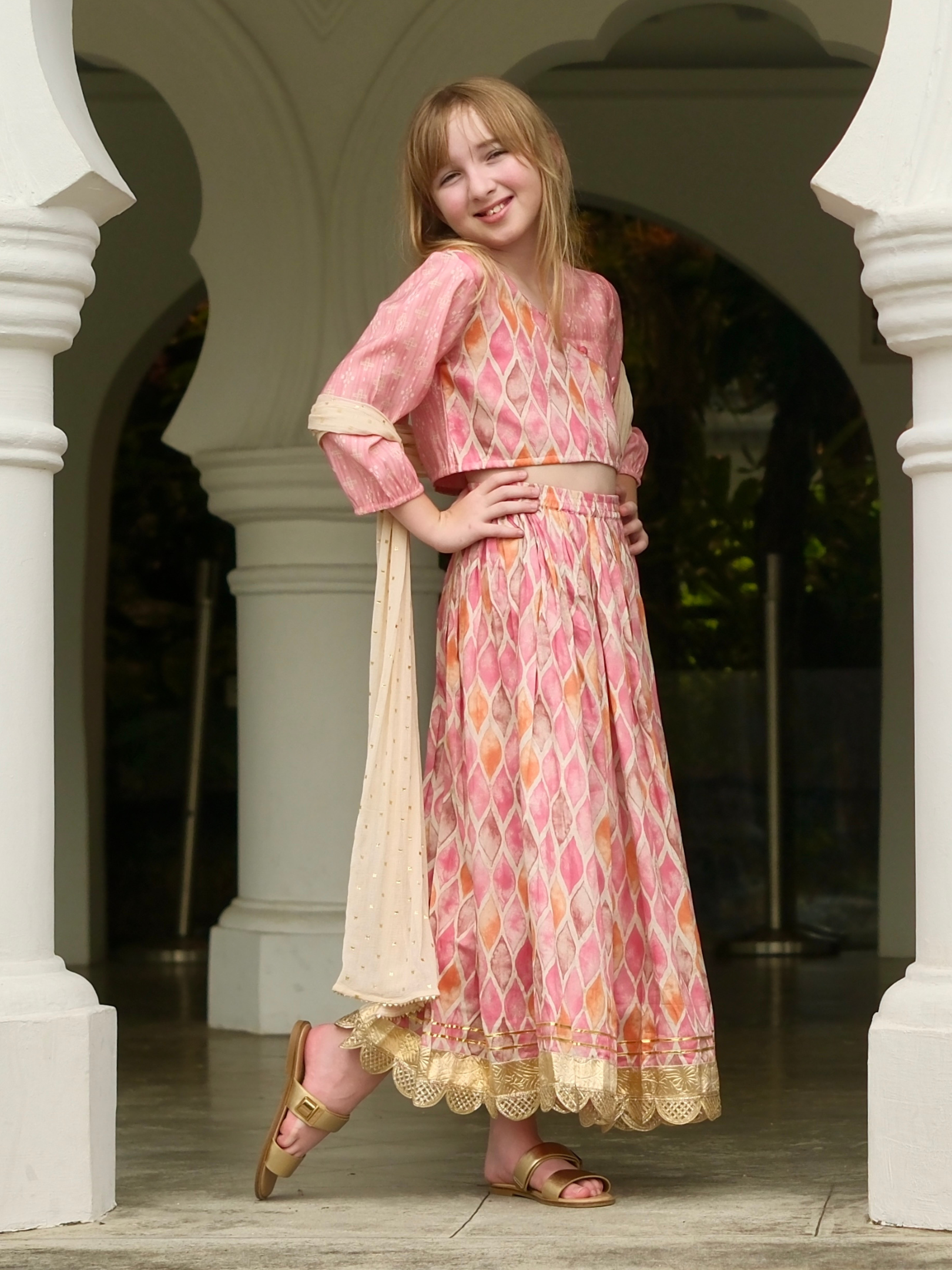 NIMBU | Rooh Pink Girls Lehenga Choli Set With Dupatta In Muslin Cotton