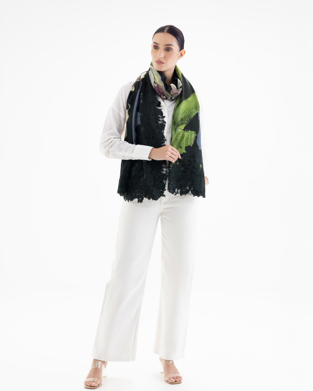 QUEENMARK | AN Assorted Lace Print Crystal Shawl Dark Green Green 2