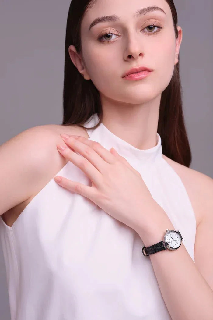 BLACK BY BLUE BRAVE | THCN T· I Mother-of-Pearl Dial Black Leather Strap Watch | Silver