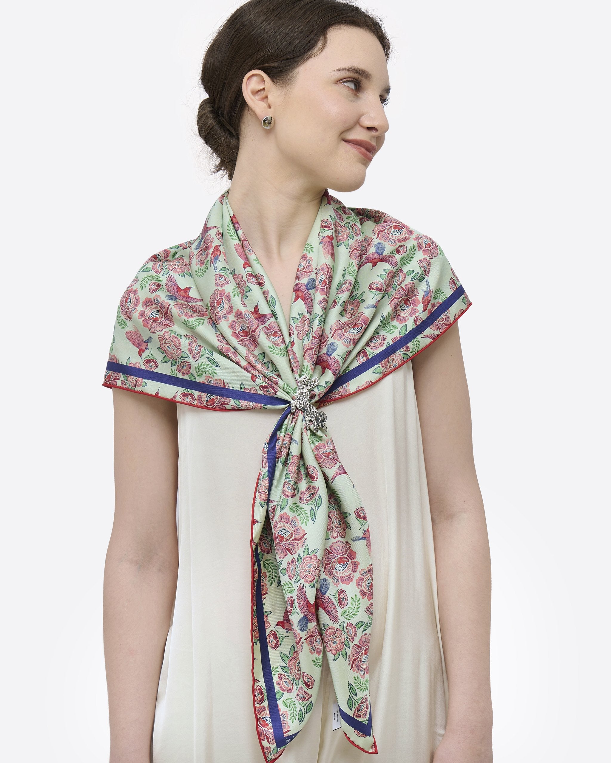 STUDIO QILING | Crimson Sunbird Mint Sunrise Double Side Silk Scarf 100