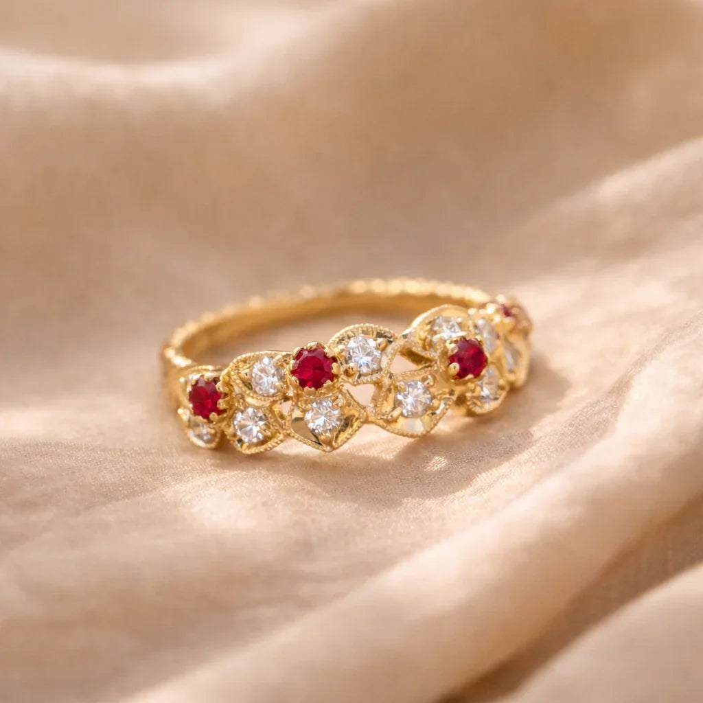 FOUNDATION JEWELLERS | 750 Y/G Peranakan Natural Diamond & Ruby Ring With 'Floral' Motif