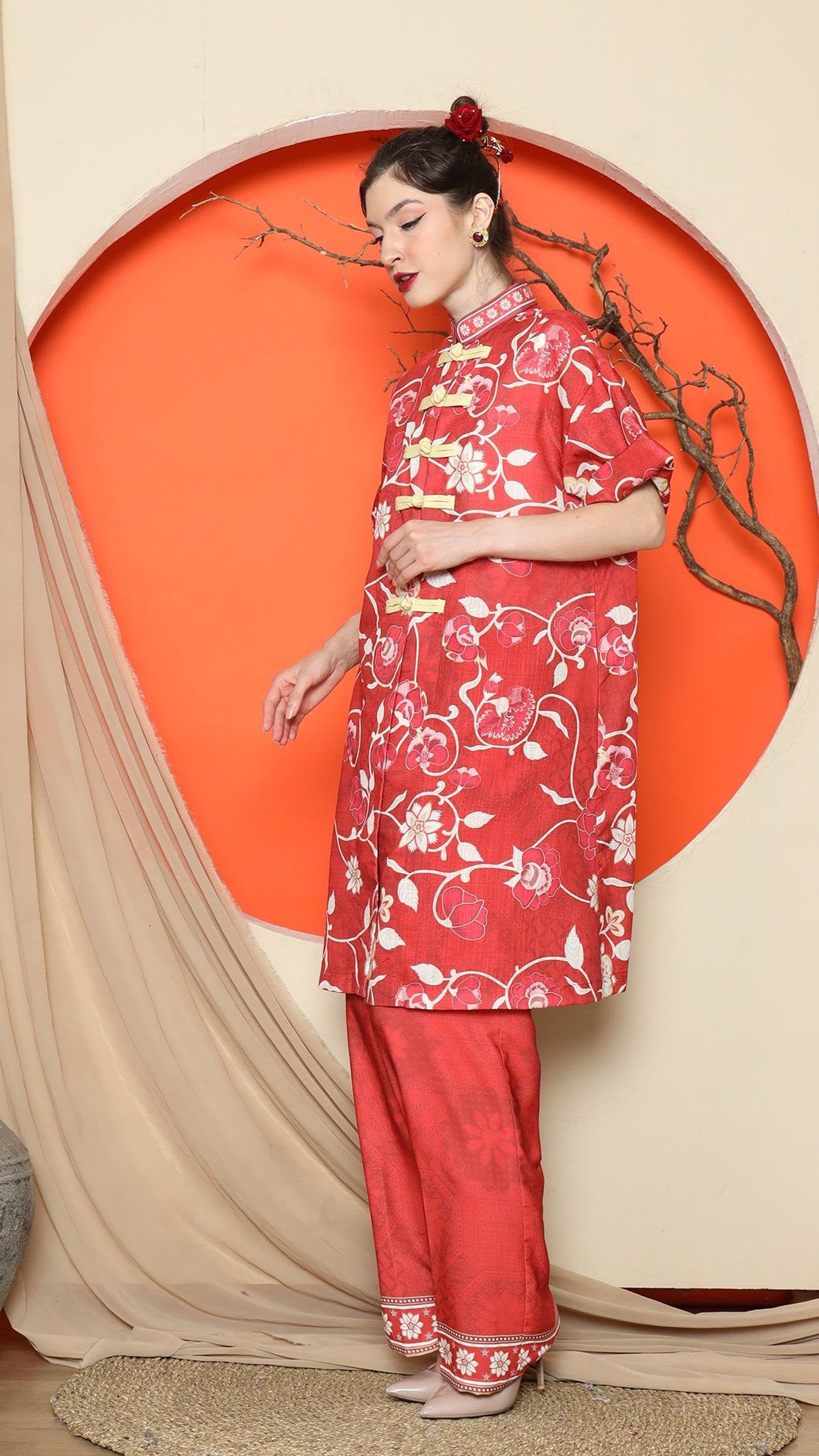 KANZI COLLECTION | Red Floral Cheongsam Pant Set