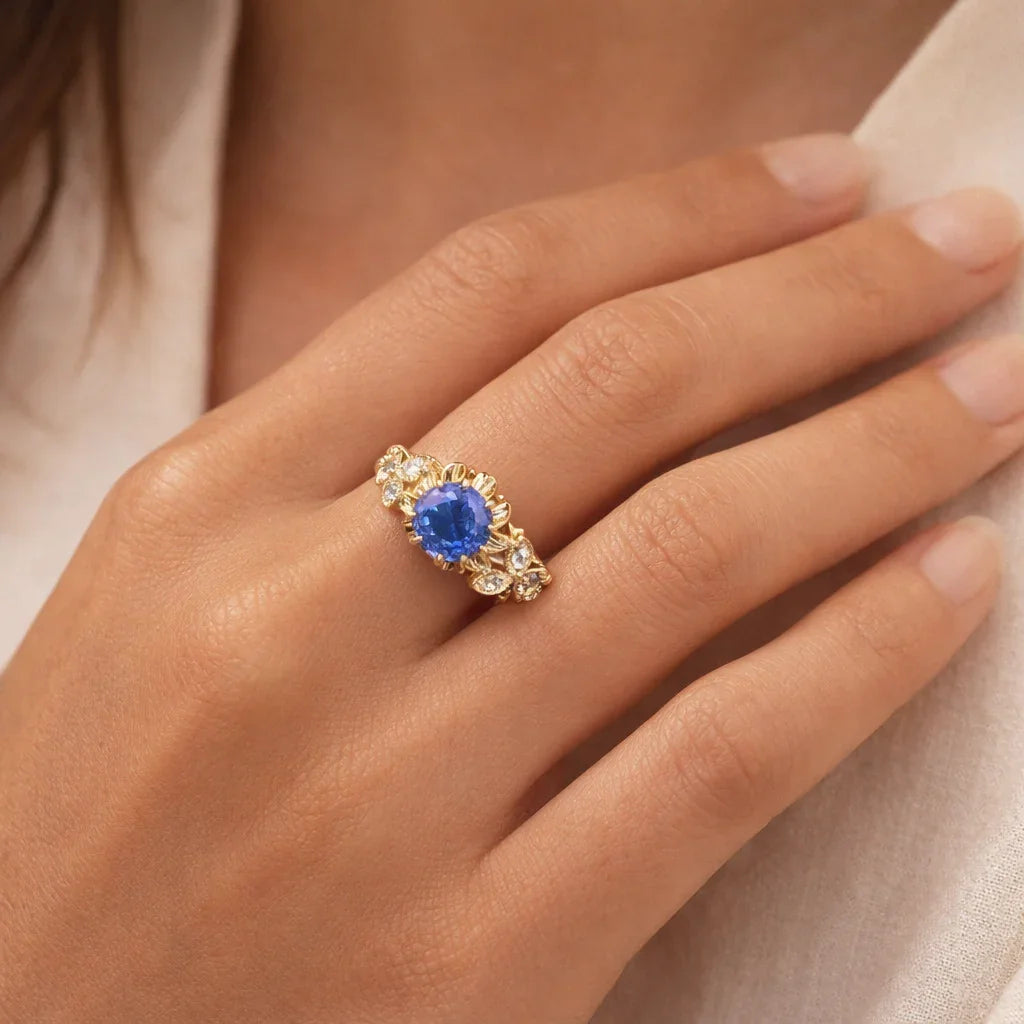 FOUNDATION JEWELLERS | 750 Y/G Peranakan Natural Diamond Ring With 'Flower' 3.41gm, D6-0.12ct, B. Sap 1 - 1.32ct