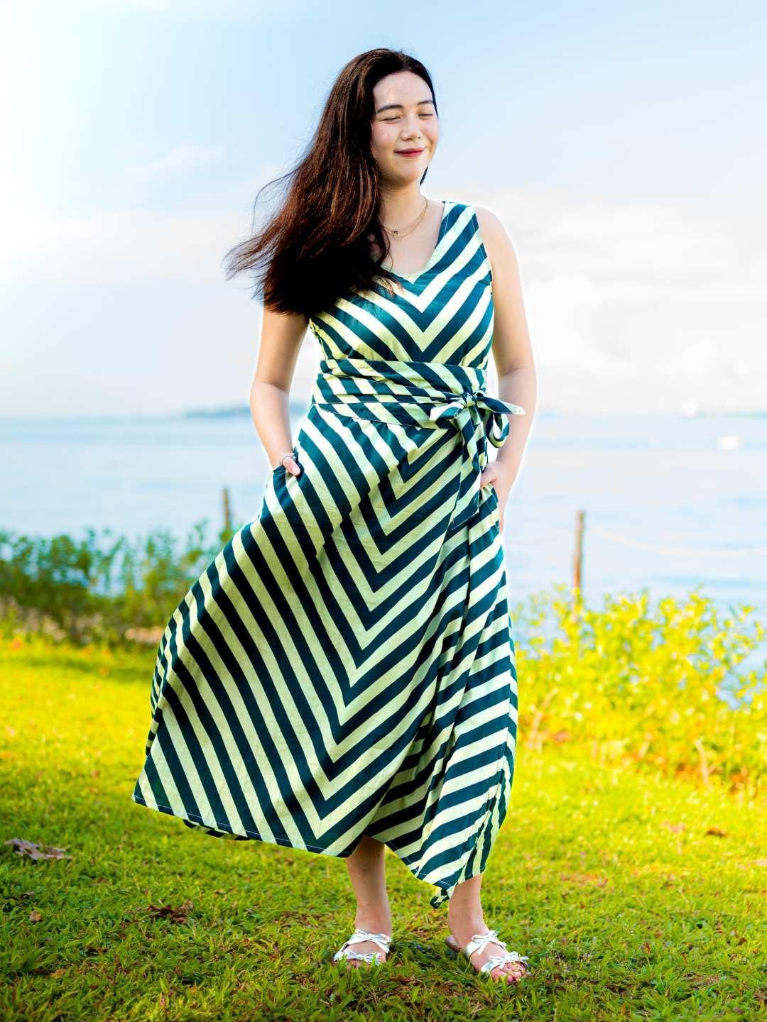 NIMBU | Vela Women's Wave Dress In Green With Obi Belt