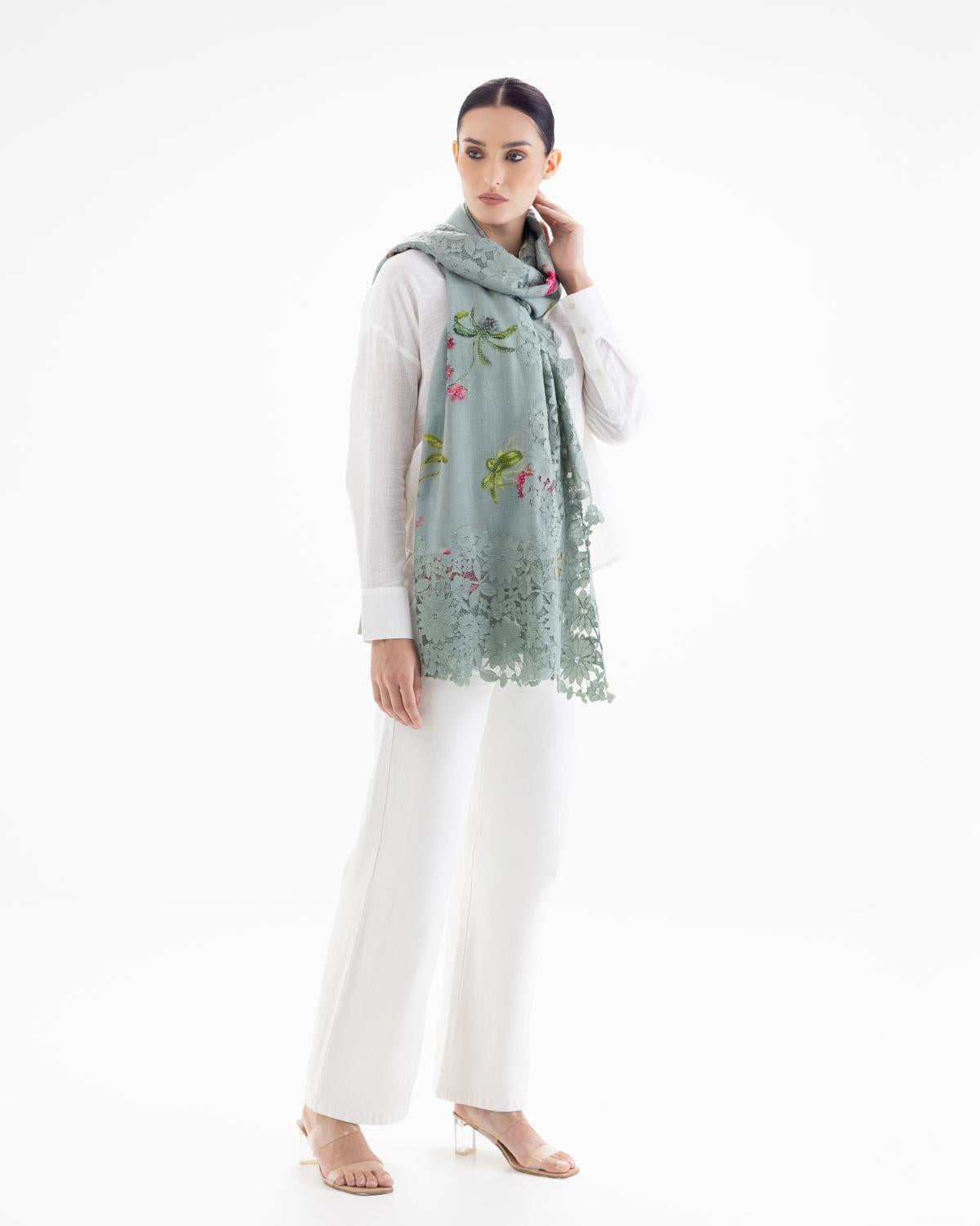 QUEENMARK | AN Assorted Lace Print Crystal Shawl Light Grey