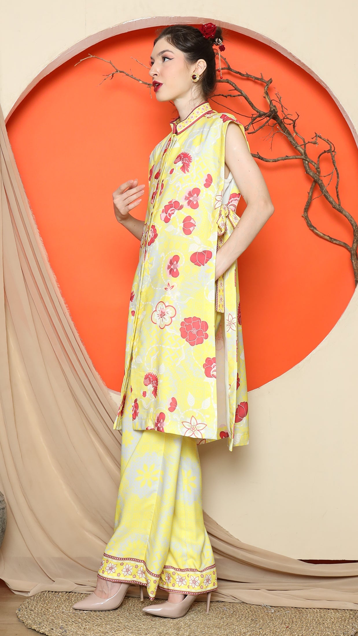 KANZI COLLECTION | Yellow Vest Kimono Jacquard Floral Pant Set