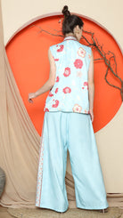 KANZI COLLECTION | Blue Cheongsam Floral Vest With Pant Set