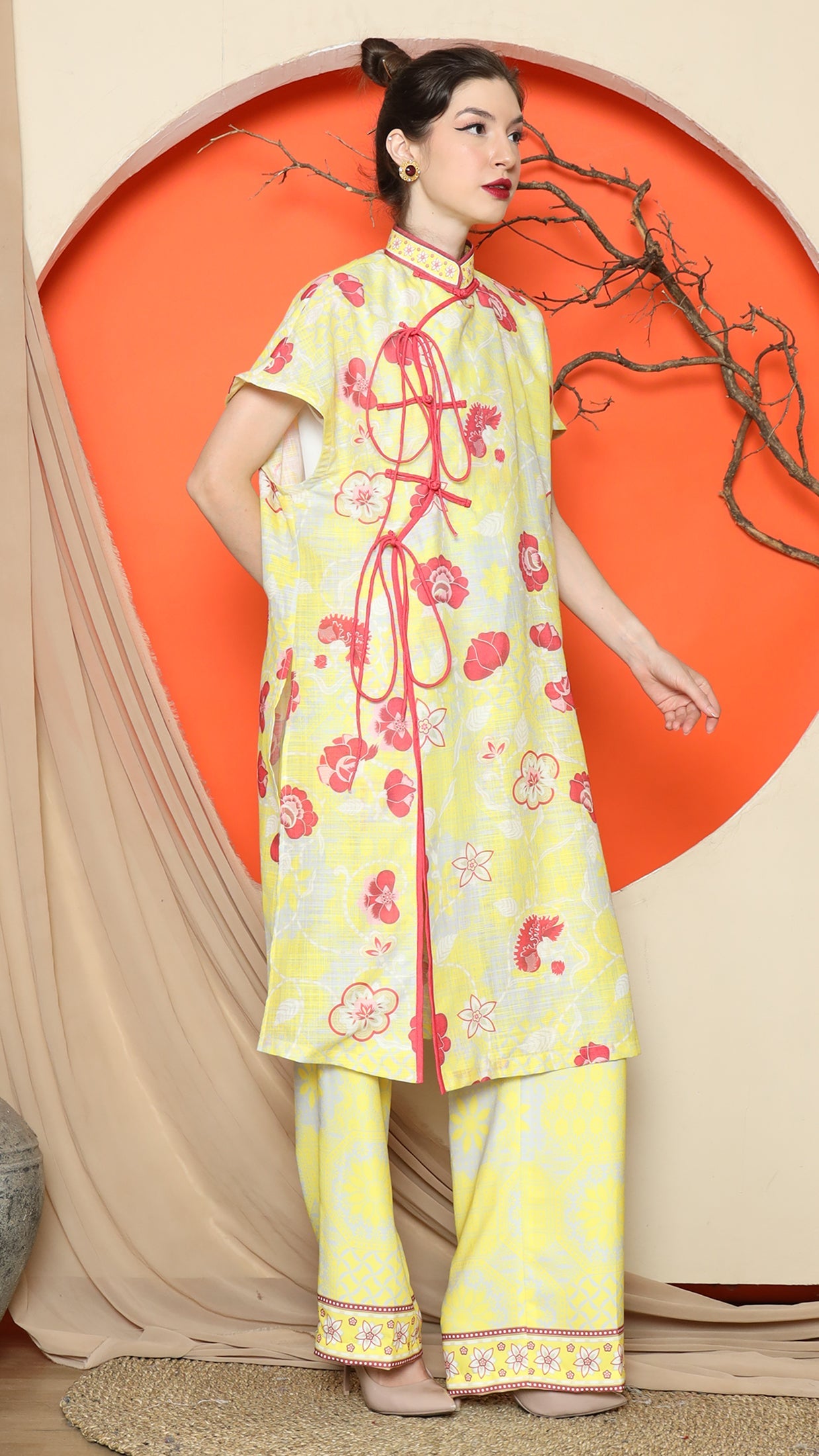 KANZI COLLECTION | Yellow Oriental Floral Cheongsam Pant Set