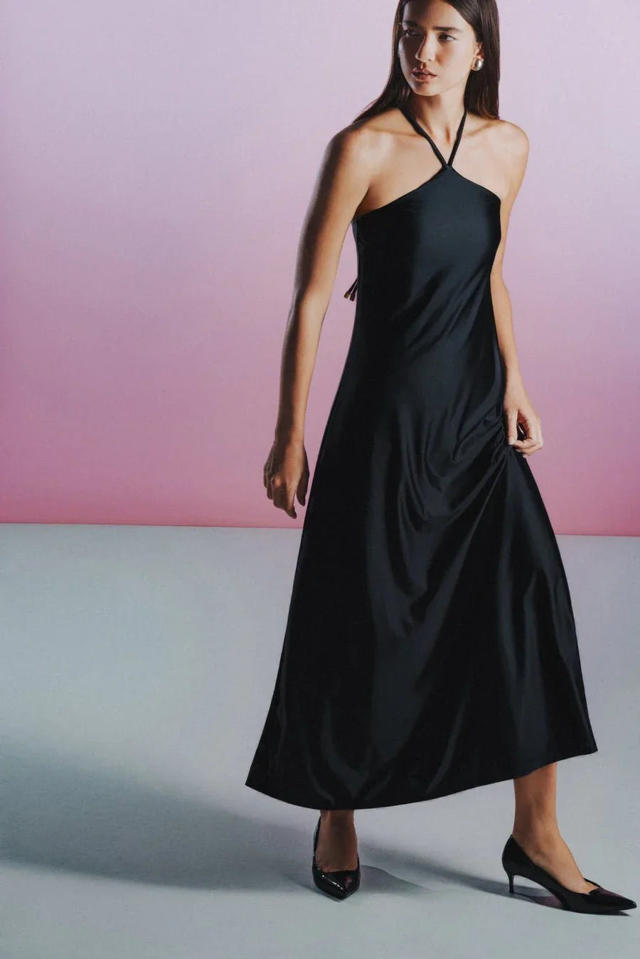 HÁI THE LABEL | Second Skin Satiny X-Neckline Padded Maxi Dress Onyx Black