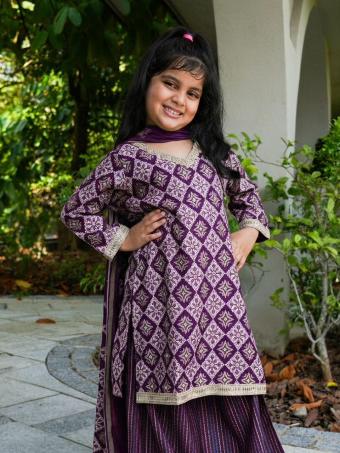 NIMBU | Tara Purple Girls Choga Style Kurta & Palazzo Set in Cotton