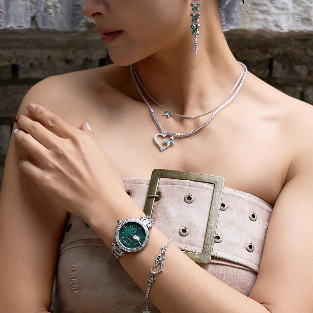 BLACK BY BLUE BRAVE | Butterfly Lovers 34mm Green Dial Moving Butterfly Hands Silver Bracelet Watch