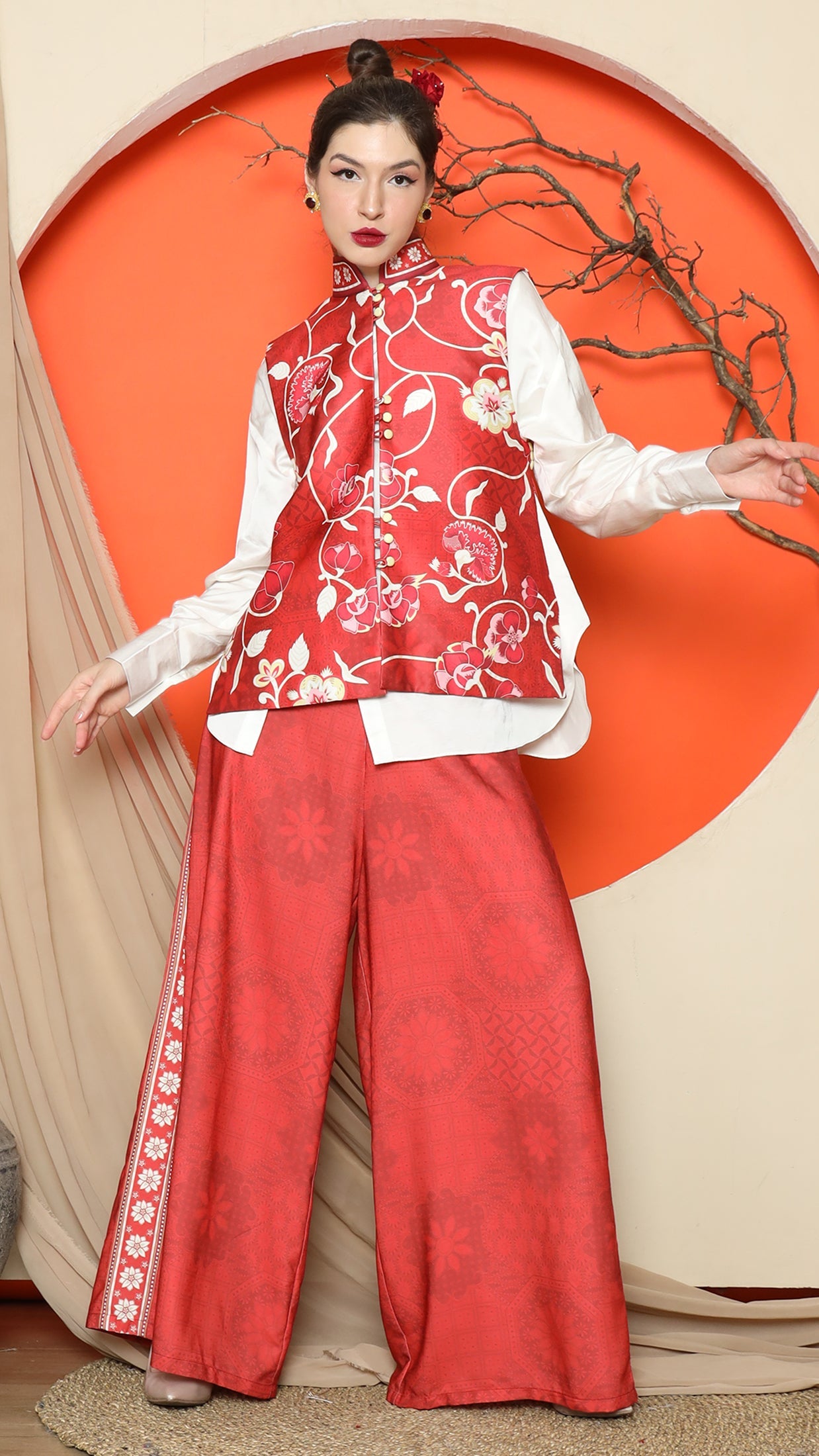 KANZI COLLECTION | Red Floral Side Button Vest With Pants Set