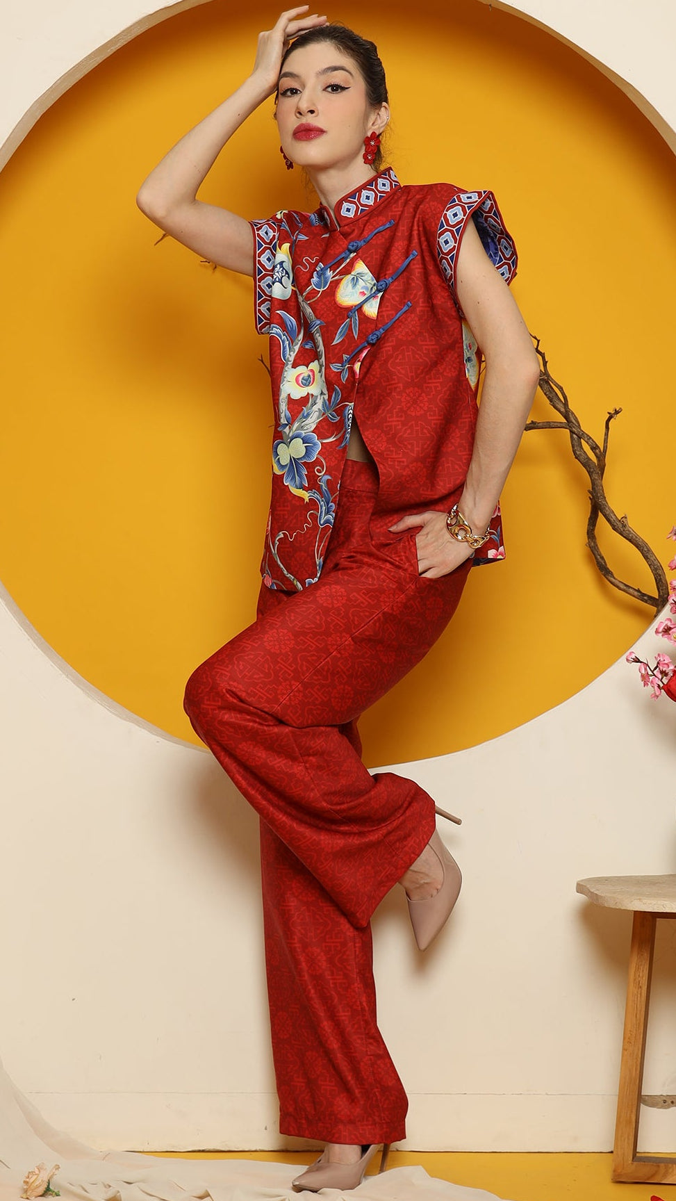 KANZI COLLECTION | Red Cheongsam Flower Vest With Pant Set