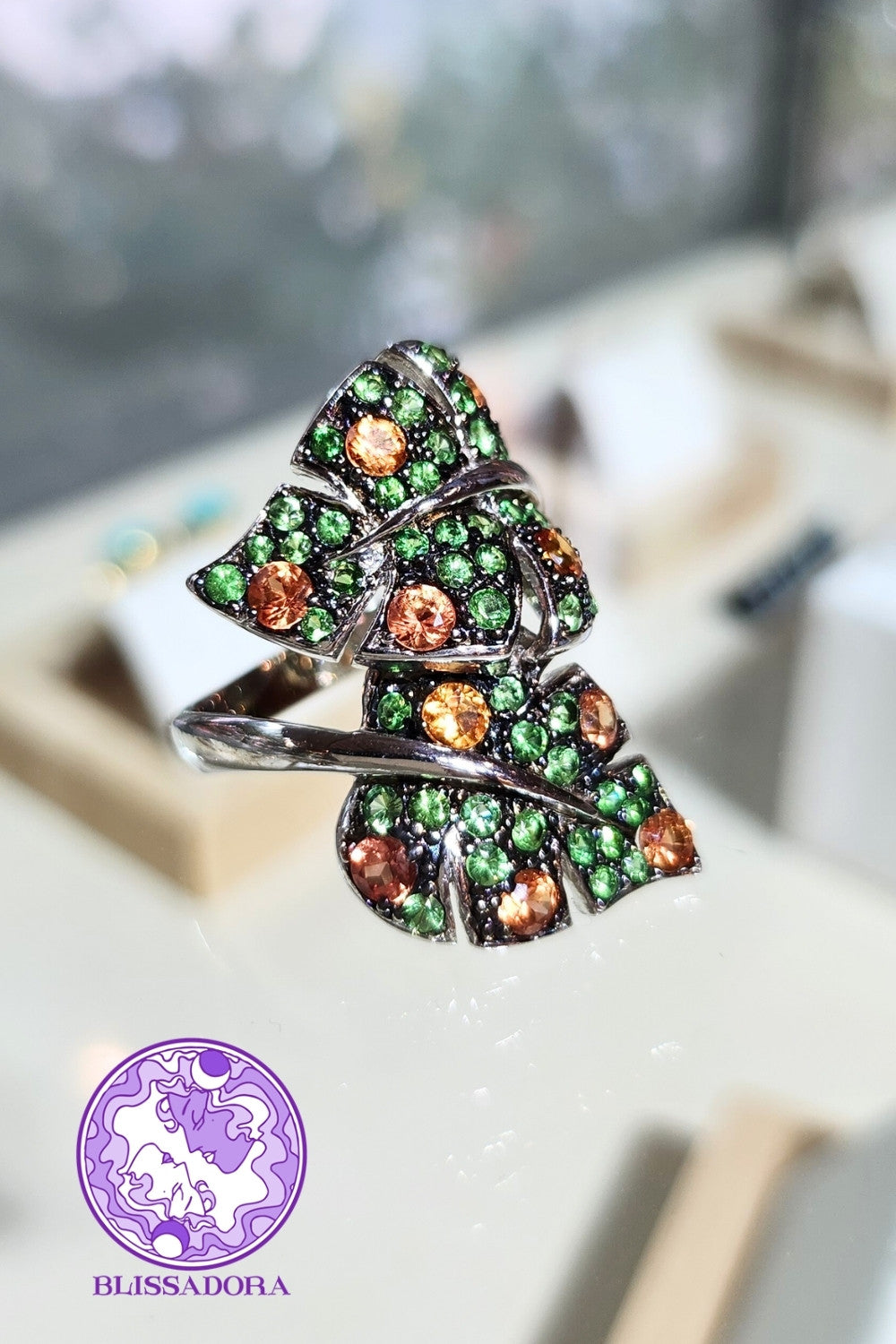 CREATIVE JEWELLERY STUDIO | Orange Sapphire & Tsavorite Garnet, Rhodium Plated Silver Ring by Blissadora