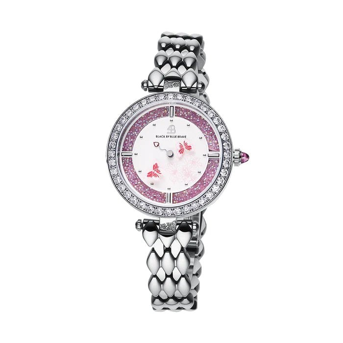 BLACK BY BLUE BRAVE | Butterfly Lovers 34mm Pink Dial Moving Butterfly Hands Silver Bracelet Watch