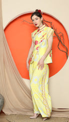 KANZI COLLECTION | Yellow Cheongsam Floral Vest With Wide Leg Pant Set