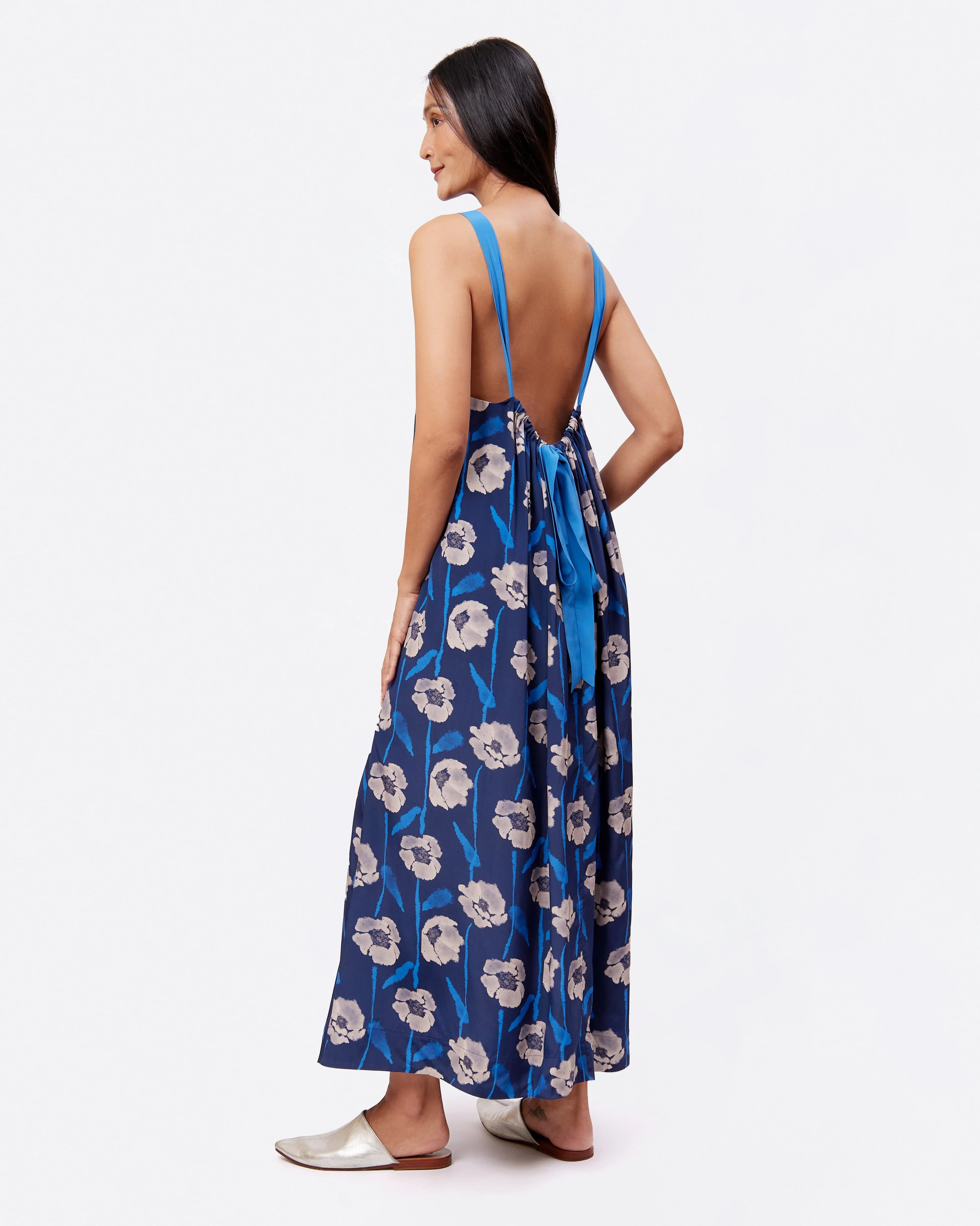 STUDIO QILING | Dancing Poppies Moonlight Reversible Silk Blend Maxi Dress