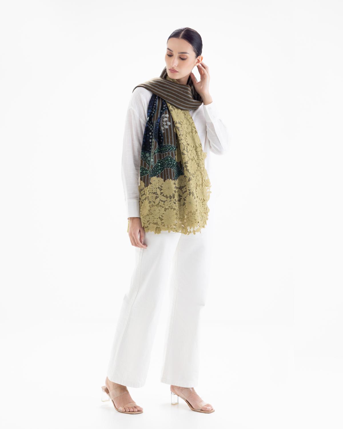 QUEENMARK | AN Assorted Lace Print Crystal Shawl Olive Blue Bird