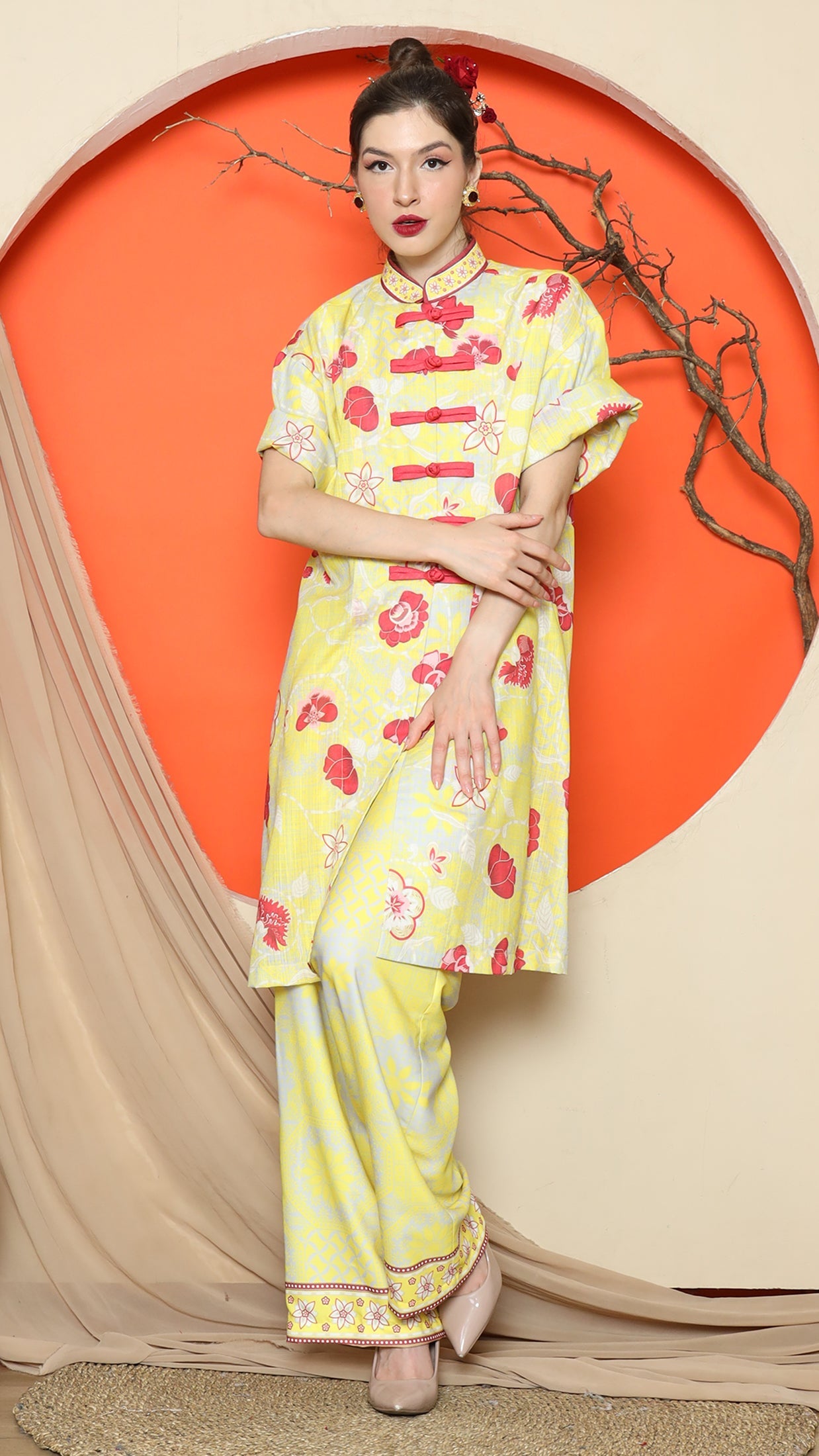 KANZI COLLECTION | Yellow Floral Cheongsam Pant Set