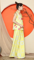 KANZI COLLECTION | Yellow Cheongsam Floral Vest With Wide Leg Pant Set